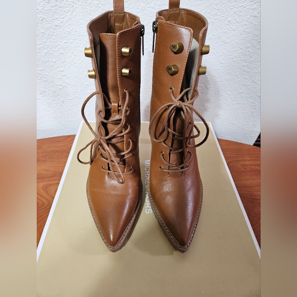 Michael Kors Tan Brown Leather Lace-Up High-Heel Ankle Boots - Picture 7 of 9
